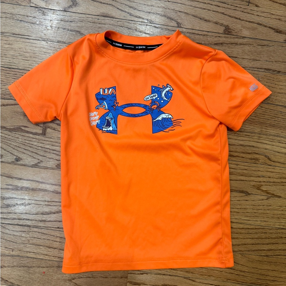 Boys Under Armour Vibrant Orange Swim Tee with Blue Graphic Size 5